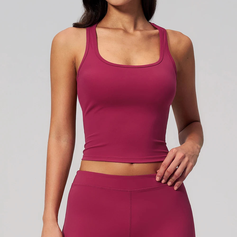 Yoga Vest Women Running Top Tank Top Short Sleeve I-shape Backless Gym Bra Running Workout Top Solid Color Nylon Fitness Top
