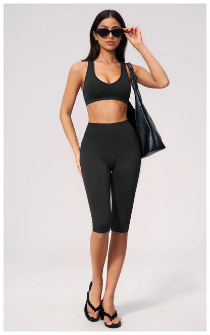 Women's Seamless Ribbed High Waist Yoga Capri Pants Tummy Control Butt Lifting Leggings Squat Proof 4-Way Running Workout Tights