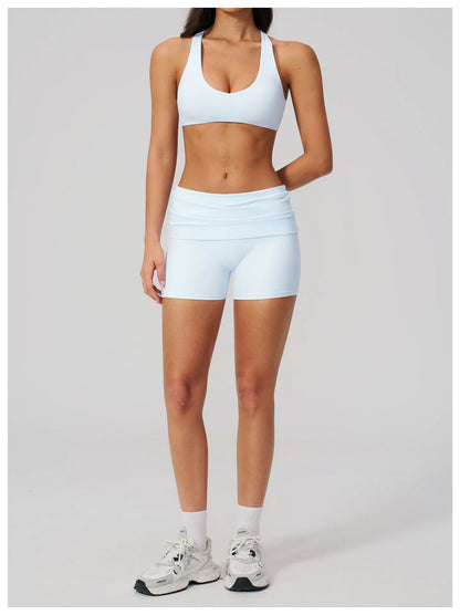 Summer Women Fitness Workout Shorts Yoga Shorts Fold Over High Waist Lift Butt Fitness Shorts Women Running Push Up Gym Shorts