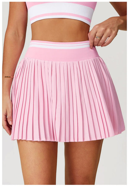 JUREN Summer Color Blocking Yoga Short Skirt Women High Waisted A-line Skirt Fitness Sports Short Skirt Anti Glare Tennis Skirt