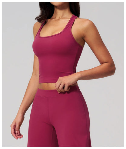 Yoga Vest Women Running Top Tank Top Short Sleeve I-shape Backless Gym Bra Running Workout Top Solid Color Nylon Fitness Top