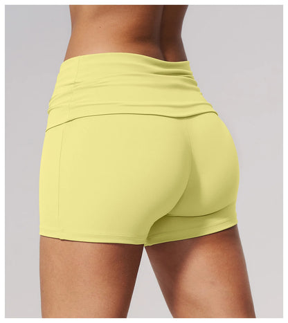 Summer Women Fitness Workout Shorts Yoga Shorts Fold Over High Waist Lift Butt Fitness Shorts Women Running Push Up Gym Shorts