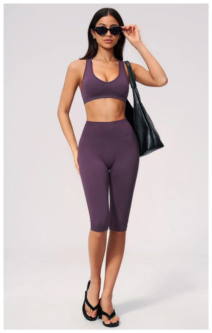 Women's Seamless Ribbed High Waist Yoga Capri Pants Tummy Control Butt Lifting Leggings Squat Proof 4-Way Running Workout Tights