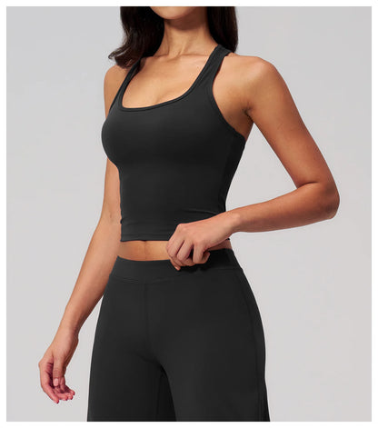 Yoga Vest Women Running Top Tank Top Short Sleeve I-shape Backless Gym Bra Running Workout Top Solid Color Nylon Fitness Top
