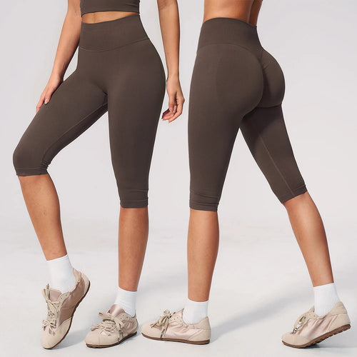 Women's Seamless Ribbed High Waist Yoga Capri Pants Tummy Control Butt Lifting Leggings Squat Proof 4-Way Running Workout Tights