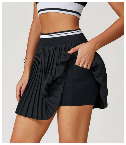 JUREN Summer Color Blocking Yoga Short Skirt Women High Waisted A-line Skirt Fitness Sports Short Skirt Anti Glare Tennis Skirt