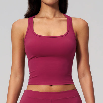 Yoga Vest Women Running Top Tank Top Short Sleeve I-shape Backless Gym Bra Running Workout Top Solid Color Nylon Fitness Top