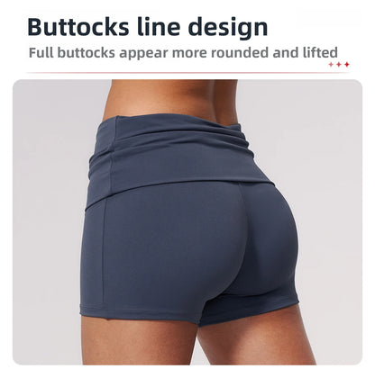 Summer Women Fitness Workout Shorts Yoga Shorts Fold Over High Waist Lift Butt Fitness Shorts Women Running Push Up Gym Shorts