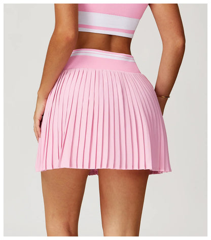 JUREN Summer Color Blocking Yoga Short Skirt Women High Waisted A-line Skirt Fitness Sports Short Skirt Anti Glare Tennis Skirt