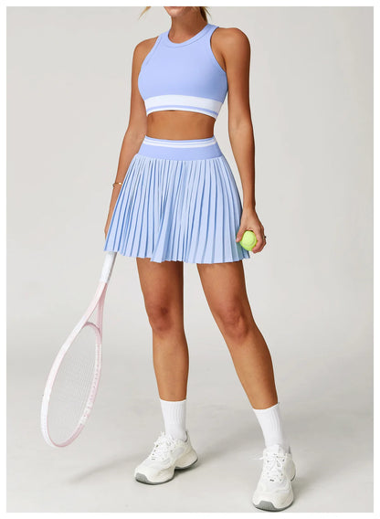 JUREN Summer Color Blocking Yoga Short Skirt Women High Waisted A-line Skirt Fitness Sports Short Skirt Anti Glare Tennis Skirt