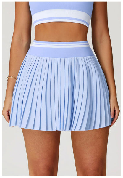 JUREN Summer Color Blocking Yoga Short Skirt Women High Waisted A-line Skirt Fitness Sports Short Skirt Anti Glare Tennis Skirt
