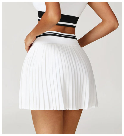JUREN Summer Color Blocking Yoga Short Skirt Women High Waisted A-line Skirt Fitness Sports Short Skirt Anti Glare Tennis Skirt