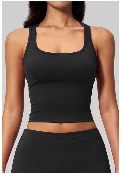 Yoga Vest Women Running Top Tank Top Short Sleeve I-shape Backless Gym Bra Running Workout Top Solid Color Nylon Fitness Top