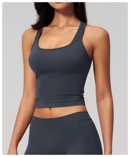 Yoga Vest Women Running Top Tank Top Short Sleeve I-shape Backless Gym Bra Running Workout Top Solid Color Nylon Fitness Top