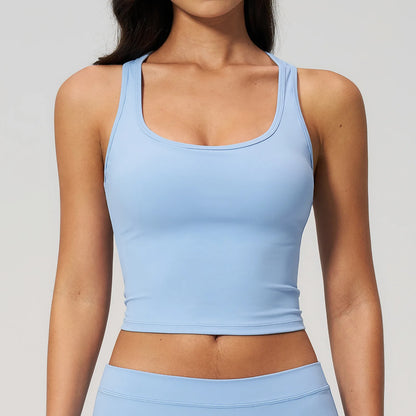 Yoga Vest Women Running Top Tank Top Short Sleeve I-shape Backless Gym Bra Running Workout Top Solid Color Nylon Fitness Top