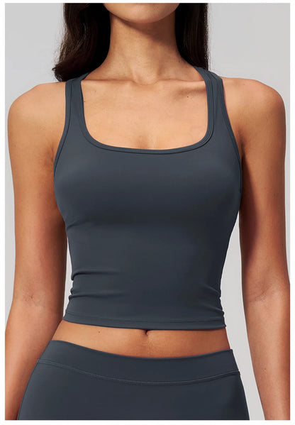 Yoga Vest Women Running Top Tank Top Short Sleeve I-shape Backless Gym Bra Running Workout Top Solid Color Nylon Fitness Top