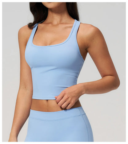 Yoga Vest Women Running Top Tank Top Short Sleeve I-shape Backless Gym Bra Running Workout Top Solid Color Nylon Fitness Top