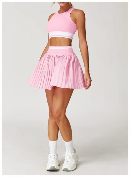 JUREN Summer Color Blocking Yoga Short Skirt Women High Waisted A-line Skirt Fitness Sports Short Skirt Anti Glare Tennis Skirt