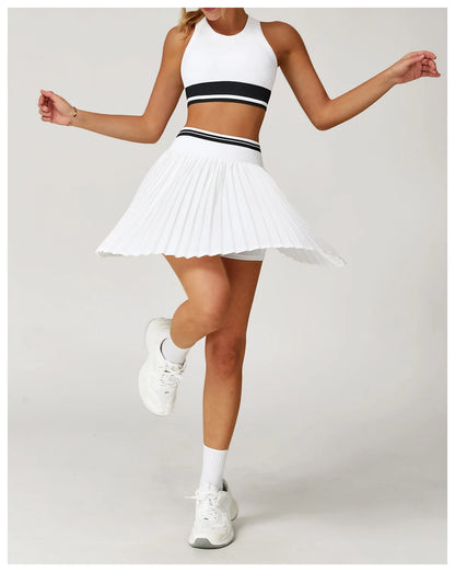 JUREN Summer Color Blocking Yoga Short Skirt Women High Waisted A-line Skirt Fitness Sports Short Skirt Anti Glare Tennis Skirt