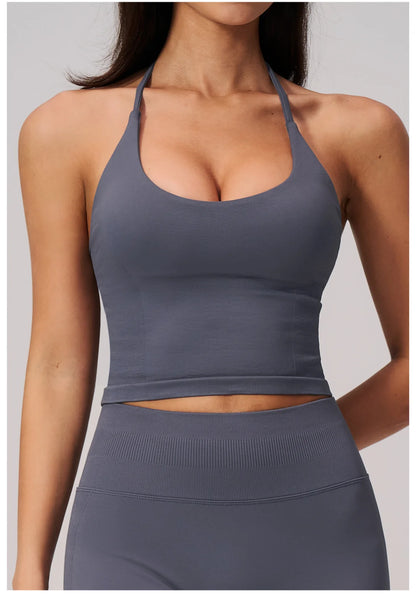 Summer Sports Halter Yoga Top Gym Vest Woman Backless Tank Tops Seamless Push Up Sport Bra Running Vest Workout Top Activewear