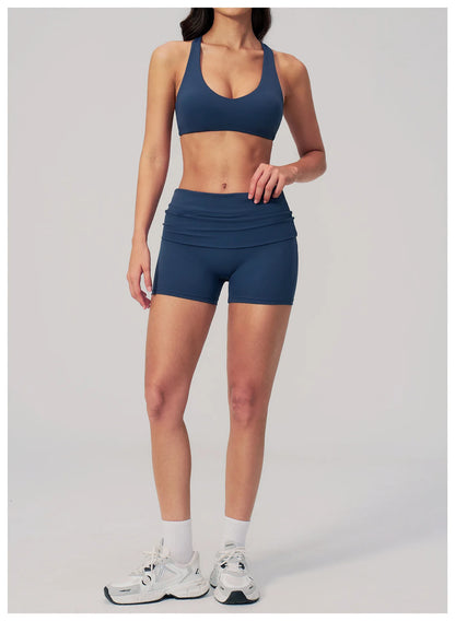 Summer Women Fitness Workout Shorts Yoga Shorts Fold Over High Waist Lift Butt Fitness Shorts Women Running Push Up Gym Shorts