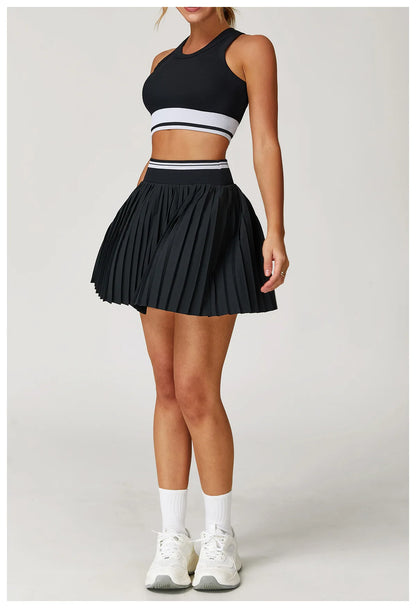 JUREN Summer Color Blocking Yoga Short Skirt Women High Waisted A-line Skirt Fitness Sports Short Skirt Anti Glare Tennis Skirt