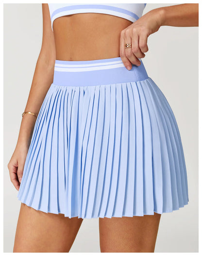 JUREN Summer Color Blocking Yoga Short Skirt Women High Waisted A-line Skirt Fitness Sports Short Skirt Anti Glare Tennis Skirt