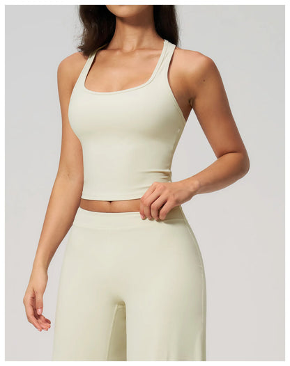 Yoga Vest Women Running Top Tank Top Short Sleeve I-shape Backless Gym Bra Running Workout Top Solid Color Nylon Fitness Top